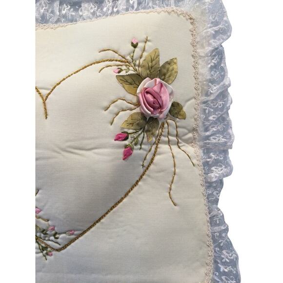 Vtg Handmade Square Pillow Cover Shabby Rose White Pink Heart Lace Valentine Day - Picture 5 of 8